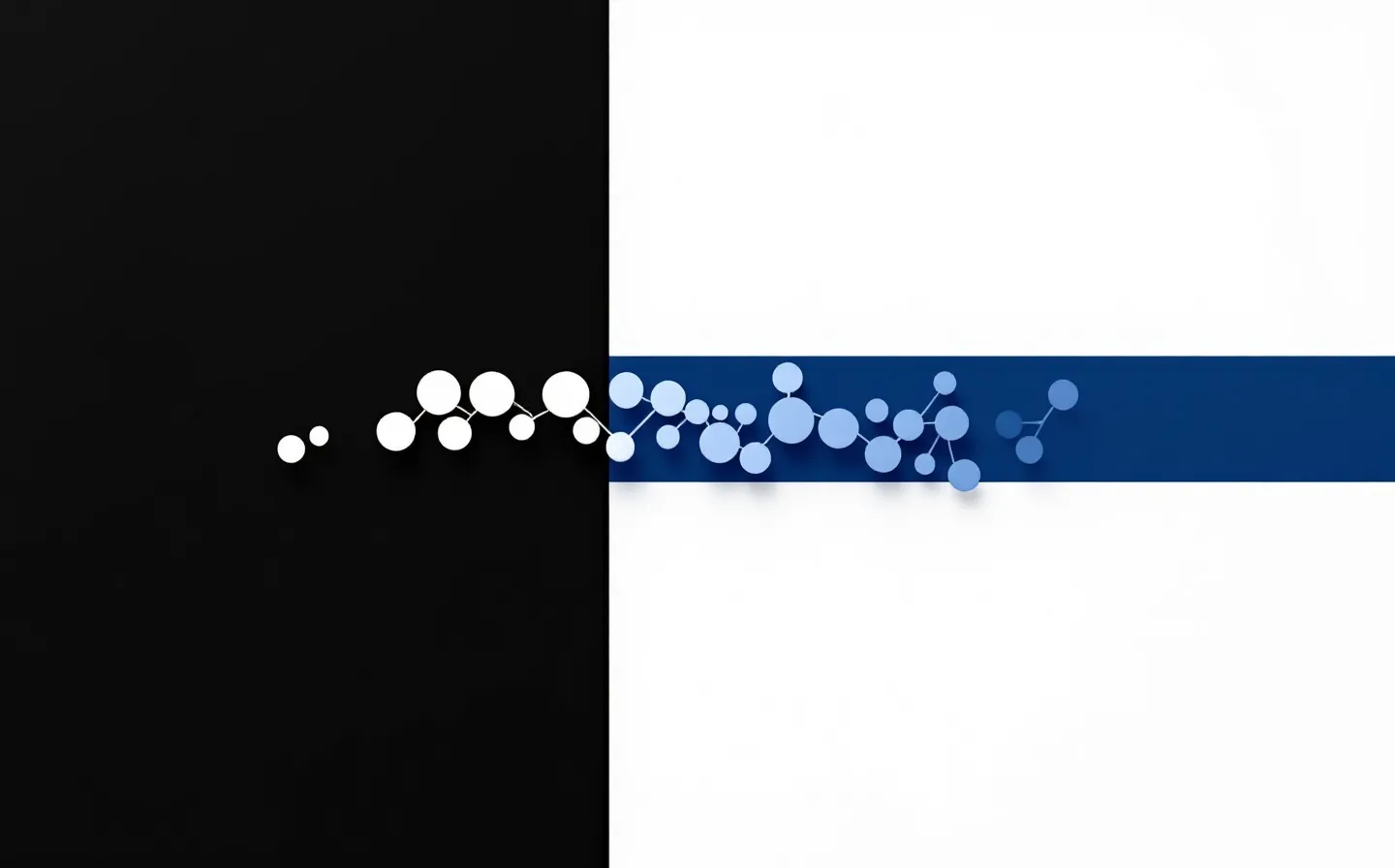 Two-panel studio composition with a 15-amino-acid peptide chain crossing the ink/white seam, three electric-blue circles at the seam